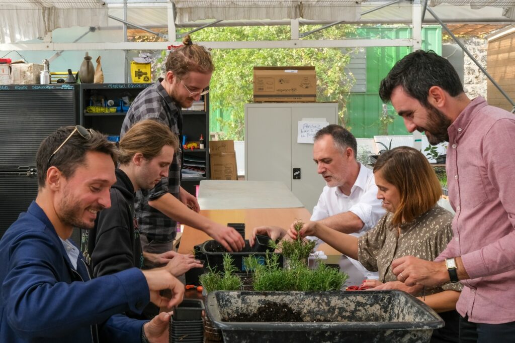 Des collaborateurs d’entreprise jardinent autour d’une table dans une serre, dans le cadre d’un team building solidaire et écologique organisé par Lutila, sur le thème de la permaculture et de l’agriculture urbaine.